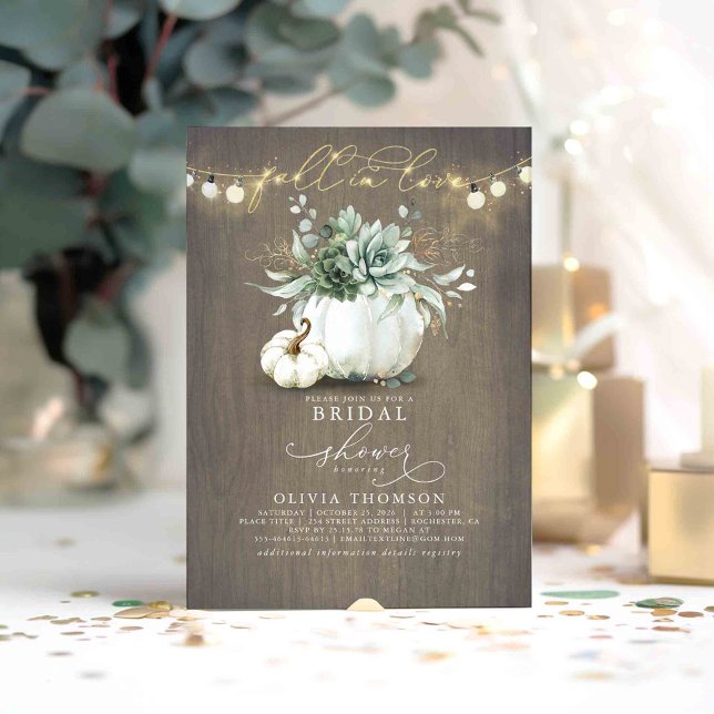 Convites Queda no amor Suculta Chá de panela de Bombeiros (Fall in Love - Succulents Greenery Pumpkins Bridal Shower Rustic Invitations)