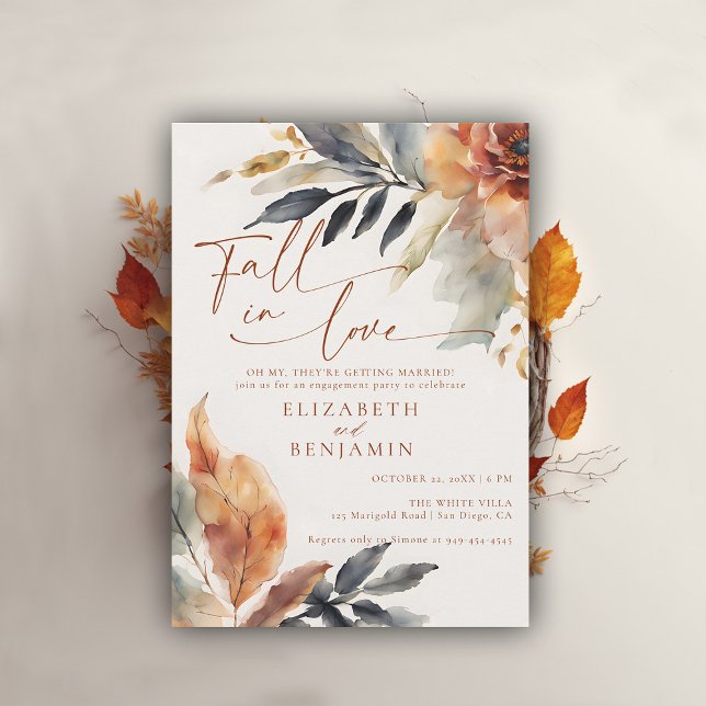 Convites Queda no amor Terracotta deixa Festa de noivado (fall engagement party invitation rustic leaves foliage floral botanical frame elegant backyard barn)