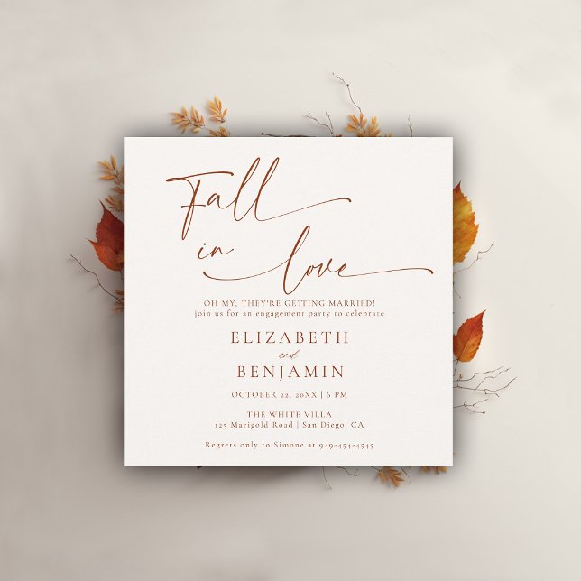 Convites Queda no amor Terracotta Festa de noivado mínima (fall engagement party invitation minimalist typography calligraphy terracotta elegant modern barn)
