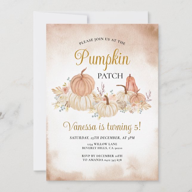 Convites Queda Pumpkin Patch Birthday Boho Floral outono (Frente)