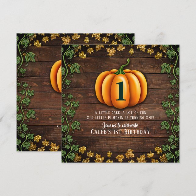 Convites Queda Pumpkin Russo Verde e Dourado Ivy Aniversári (Frente/Verso)