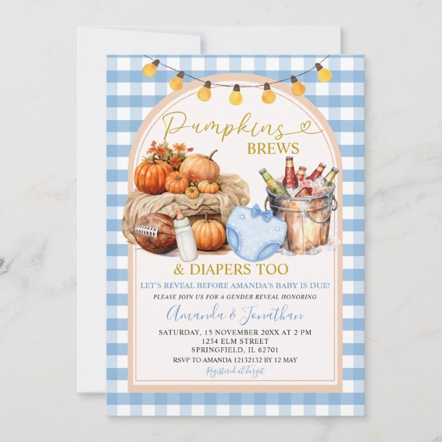 Convites Queda Pumpkins quebra Fraldas Gingham Gênero Revel (Frente)