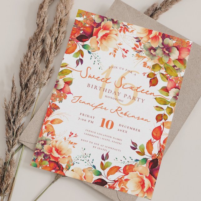 Convites Queda Romântica Jardim Floral do outono 16 (Romantic Fall Autumn Garden Floral Sweet 16 Invitation)
