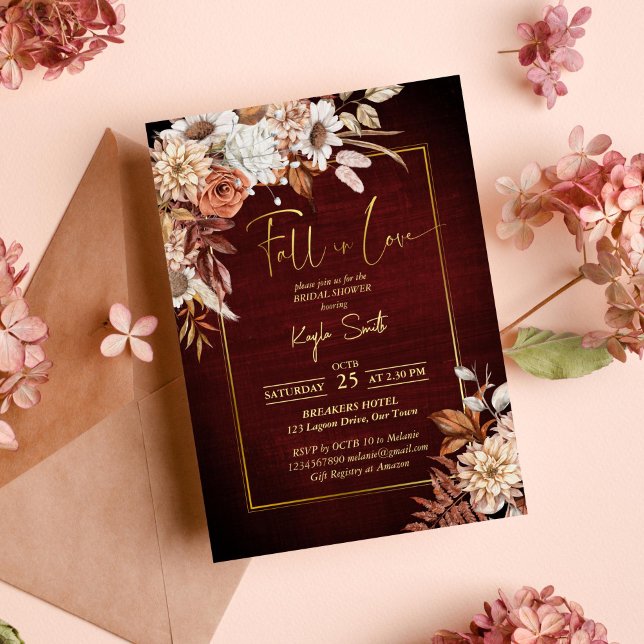 Convites Queda rosa castanho seco por amor chá de panela (Fall in love terracotta brown dried roses fall themed bridal shower template invitation  download)