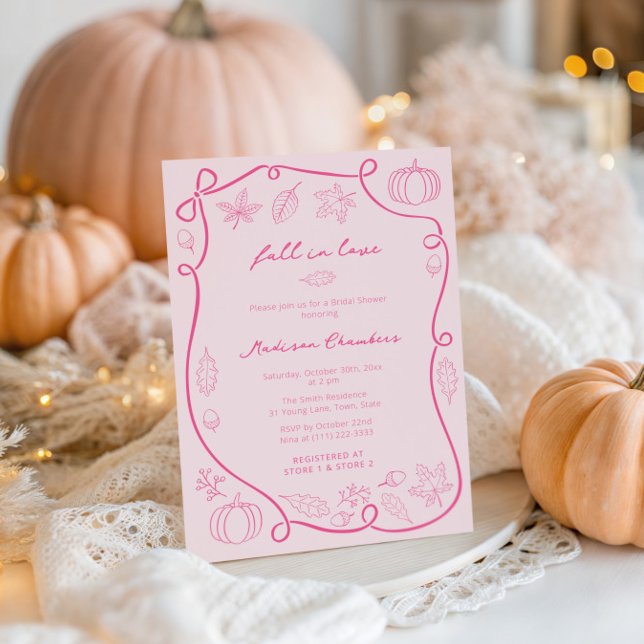 Convites Queda Rosa Quente Desenhada À Mão Em Chá de panela (Fall in Love blush pink and fuchsia wedding shower invite cards featuring handwritten font)