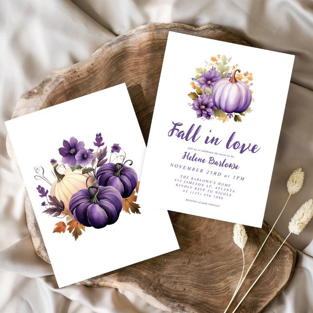 Convites Queda Roxa no Chá de fraldas de Abóbora (Purple Fall In Love Pumpkin Baby Shower Invitation)