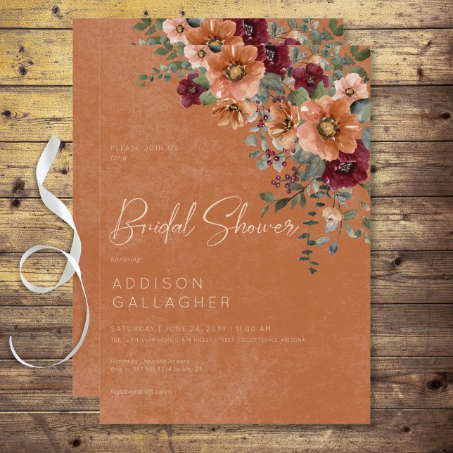 Convites Queda Rust russa e Chá de panela Floral de Vinho (Fall Rustic Rust & Wine Floral Bridal Shower Invitation)