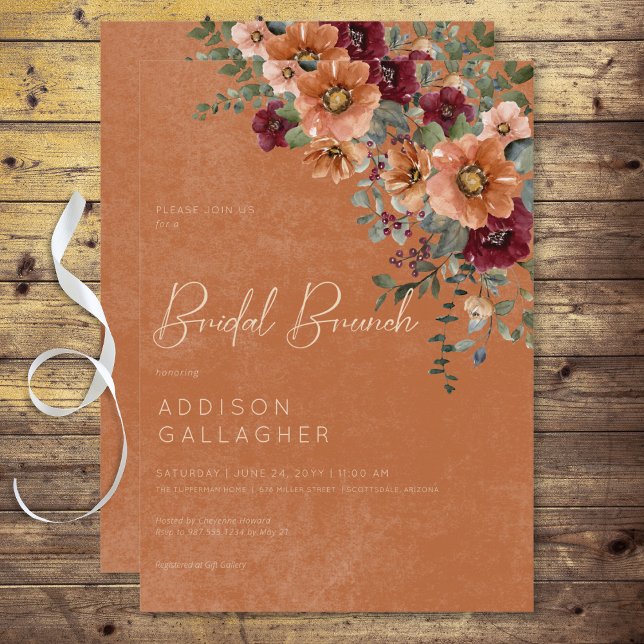 Convites Queda Rustic Rust & Wine Floral Bridal Brunt (Fall Rustic Rust & Wine Floral Bridal Brunch Invitation)