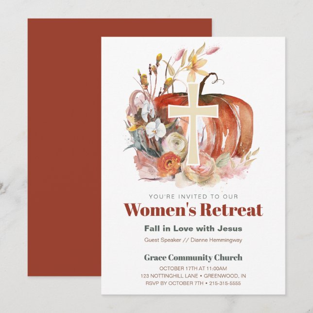 Convites Queda Watercolor Pumpkin & Cross Women Ministry (Frente/Verso)