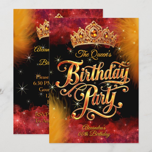 Convites Queen Princess Birthday Gold Orange Red Party (Frente/Verso)