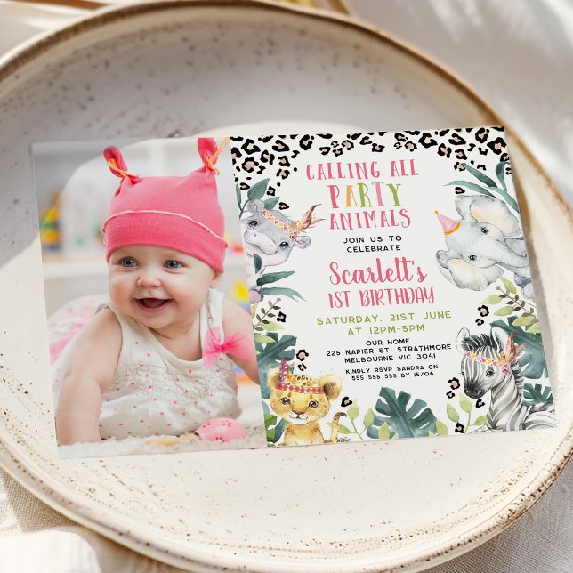 Convites Queijo Impressão Foto Chamar Animais do Partido An (Girls Calling All Party Animals Safari Birthday Invitation, Tribal Headpiece Safari Birthday Party)