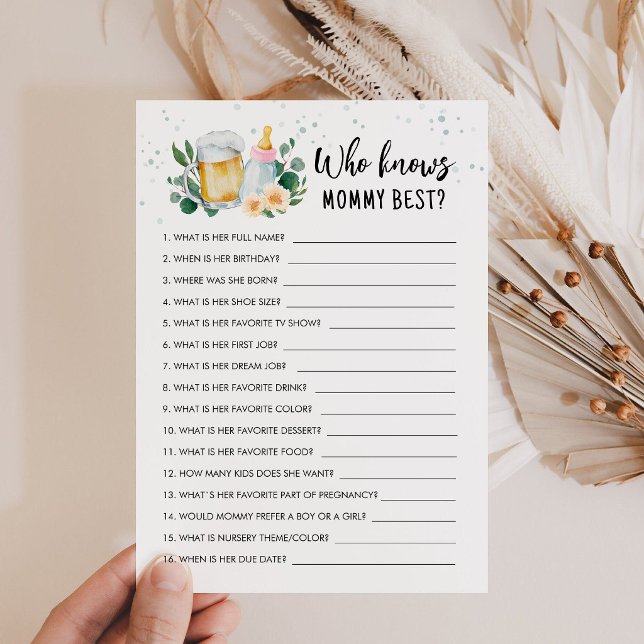 Convites Quem Conhece Melhor a Mamãe Jogo Bebê Está Sendo P (Beer and Floral Baby is Brewing Baby Shower Who knows mommy best Game Card)
