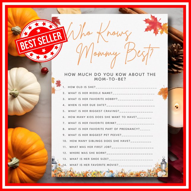Convites Quem Conhece Melhor a Mamãe Perguntas Jogo de Chuv (WHO KNOWS MOMMY BEST Baby Shower Game with Answers A Little Pumpkin is on the Way Theme )