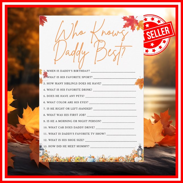 Convites QUEM CONHECE PAPAI MELHOR Jogo para Chá de Bebê AB (WHO KNOWS DADDY BEST Easy Baby Shower Game A Little Pumpkin is on the Way Fall Autumn Theme)