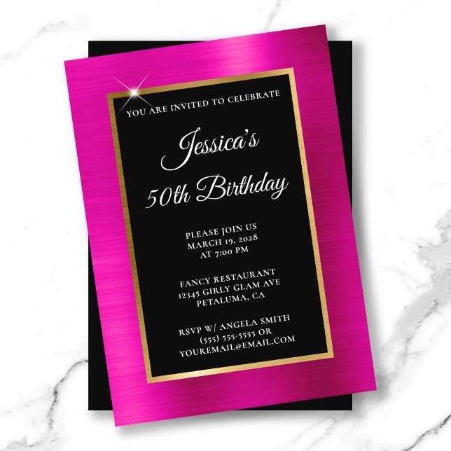 Convites Quente rosa e folha de ouro Black 50th Birthday (Hot Pink and Gold Foil Black 50th Birthday Invitation)