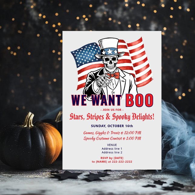 Convites Queremos Boo Patriótico Festa de Figurino de Hallo (Uncle Sam Skeleton - We Want Boo Patriotic Halloween Costume Party Invitation)