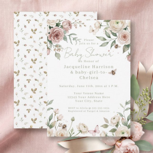 Convites Querida Bebê Menina para Abelha Rosa Floral Rosa e (Criador carregado)