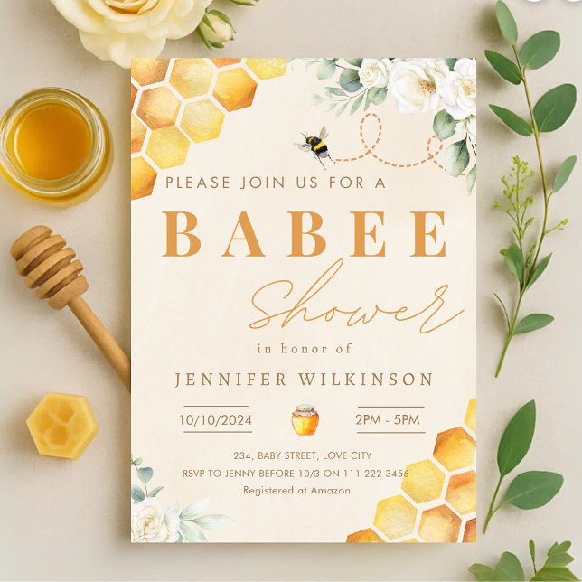 Convites Querida Bee Chá de fraldas Floral Babee (Honey Bee Baby Shower Floral Babee Invitation)
