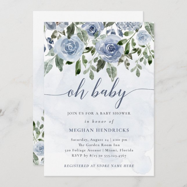 Convites Querida | Chá de Flores de Água Azul Dusty (Frente/Verso)