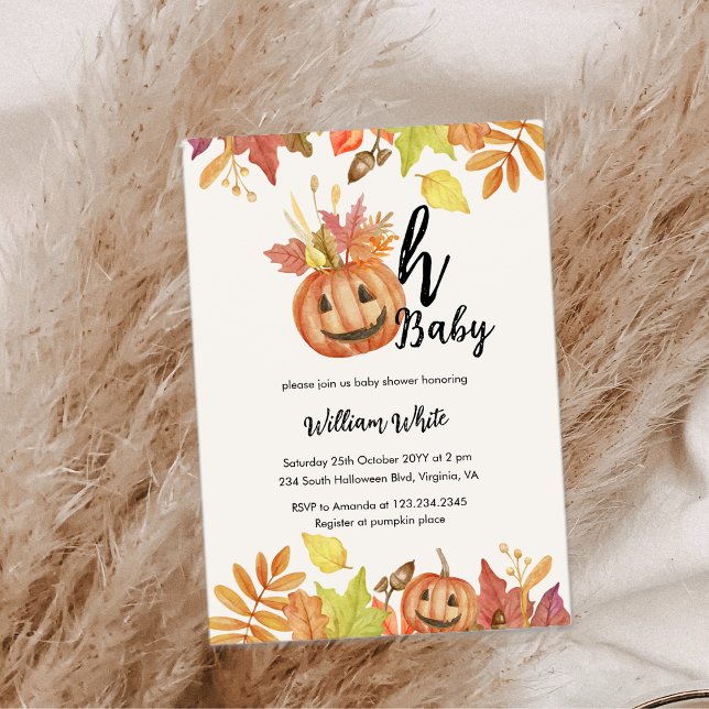 Convites Querida! Chá de fraldas de Abóbora de Queda de Hal (Oh Baby! Halloween Fall Pumpkin Leave Baby Shower Invitation)