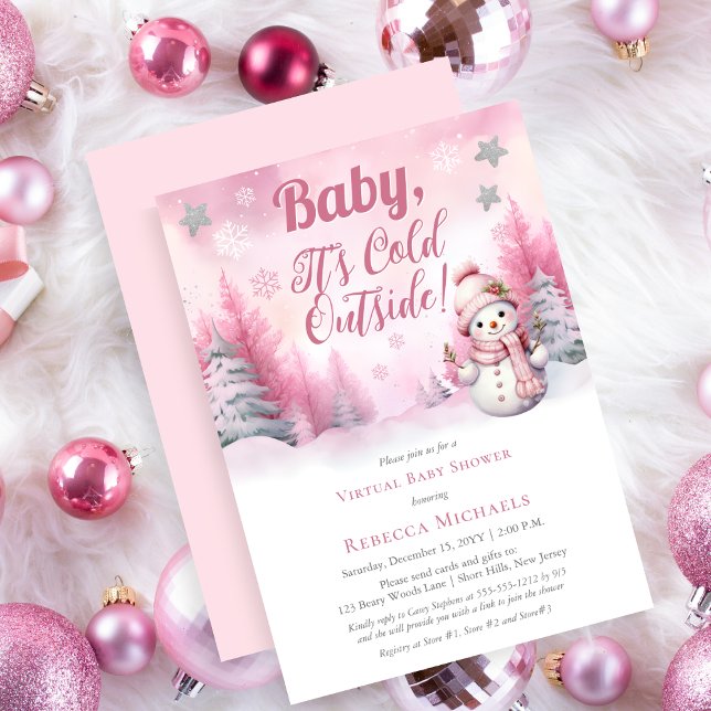 Convites Querida, é frio fora da garota Chá de fraldas virt (Pink Girl "Baby, It's Cold Outside!" Snowflakes and Snowman | woman Virtual Baby Shower Invitation)