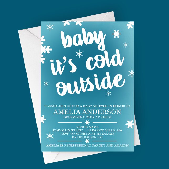 Convites Querida, é frio fora do Chá de fraldas. (Baby It's Cold Outside Winter Baby Shower Invitation with Blue Ombre Background and Snowflakes)