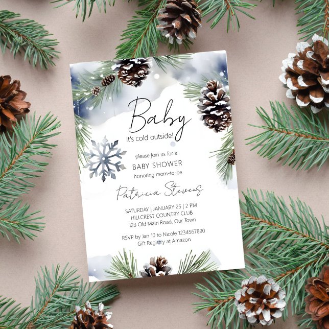 Convites Querida, está frio fora do chá de fraldas de pinhe (Baby it's cold outside watercolor snowy pines baby shower editable template invitation download)