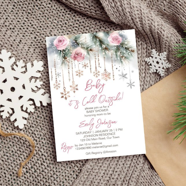 Convites Querida, está frio fora do pastel do chá de fralda (Baby it's cold outside winter baby shower template  invitation pastel pines pink roses snowflakes)