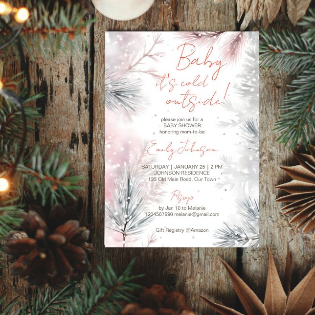 Convites Querida, está frio fora do pastel do chá de fralda (Baby it's cold outside winter baby shower pastel watercolor snowy pines template invitation)