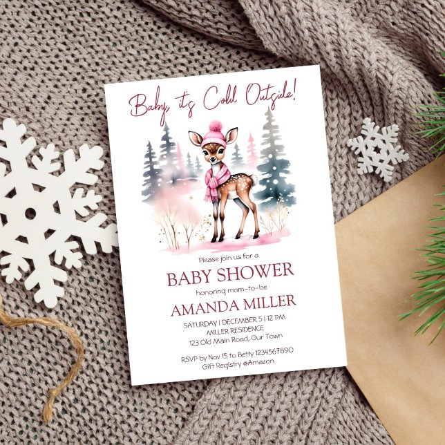 Convites Querida, está frio lá fora, chá de fraldas de vead (Baby it's cold outside girl baby deer baby shower editable template invitation digital download)
