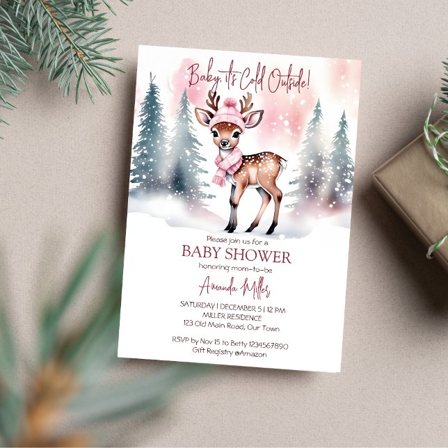 Convites Querida, está frio lá fora, chá de fraldas de vead (Baby it's cold outside deer baby shower template invitation digital download watercolor cute deer)