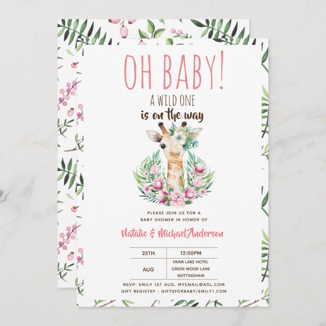 Convites Querida Girafa Um Safari Selvagem Floral (Frente/Verso)