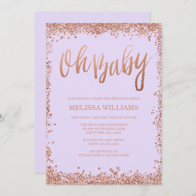 Convites Querida Lilac Faux Rosa Dourado Chá de fraldas Gli (Frente/Verso)