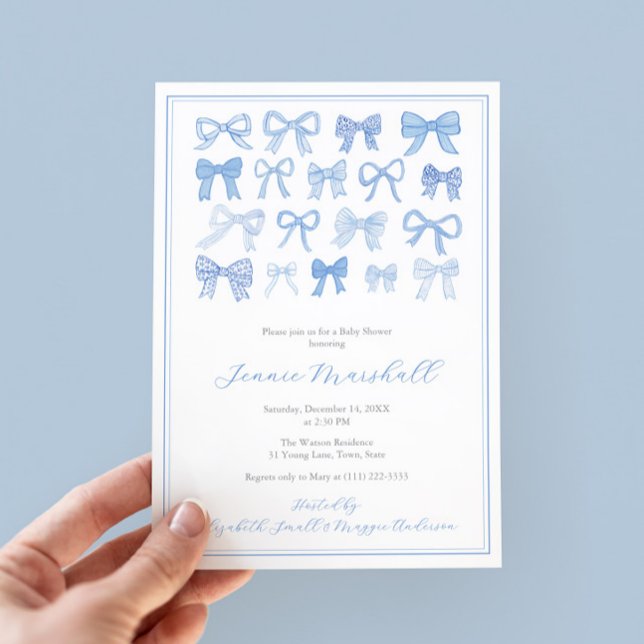 Convites Querido Arco Azul Festa do Chá Baby Boy (Blue And White Whimsical Watercolor Bows baby shower invite for boy with regency stripe backer)