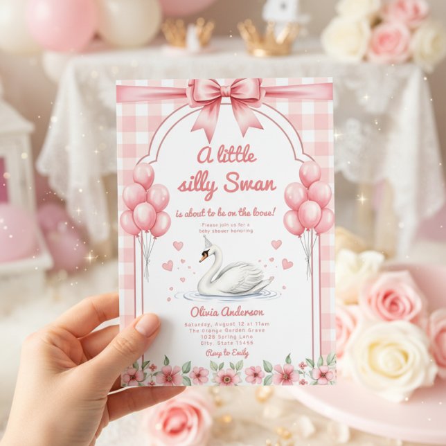 Convites querido Cisne azul Gingham Ribbon floral menina (Criador carregado)