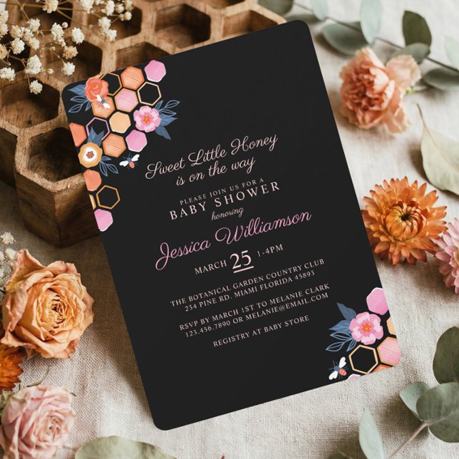 Convites Querido Mel No Caminho | Abelha Floral Negra (Sweet Little Honey Mommy to Bee Baby Shower Invitation)