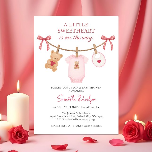 Convites Querido ursinho de pelúcia do Dia dos Namorados Ro (Sweetheart Valentine Teddy Bear Pink Baby Shower Invitation)