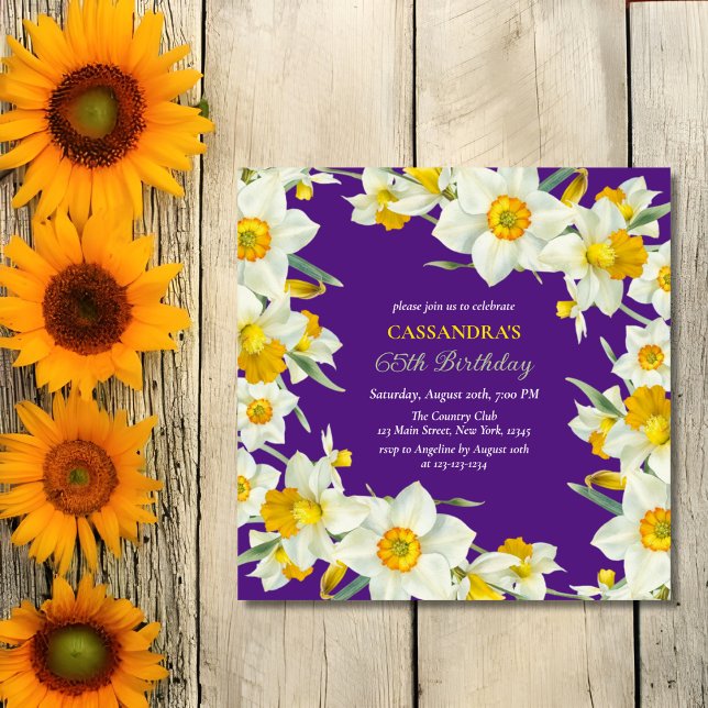 Convites Quic Amarelo Branco Daffodil Floral Roxo Aniversár (Criador carregado)