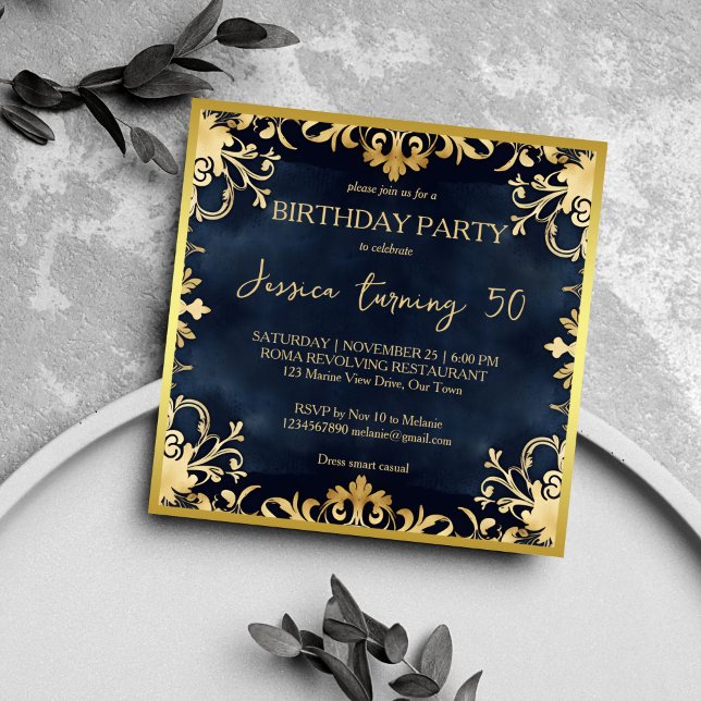 Convites Quic festa de aniversário ornamental de cor negra  (Black and gold Victorian ornamental birthday party elegant chic template invitation digital download)