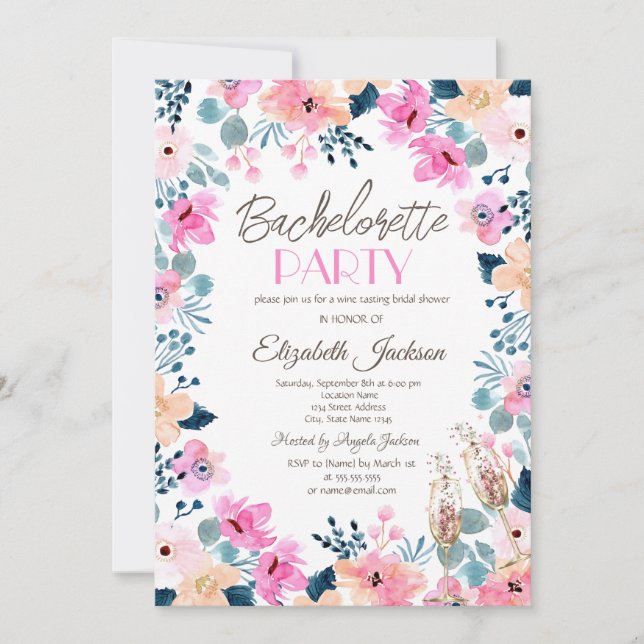 Convites Quic Garden Pink Flowers Bachelorette (Frente)