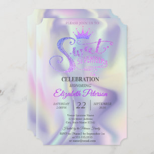 Convites Quic Glitter Tiara Holographic Sweet 17 Aniversári