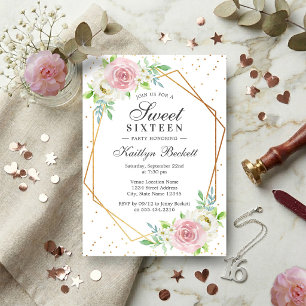 Convites Quic Gold Foil Floral Sweet 16 Aniversário