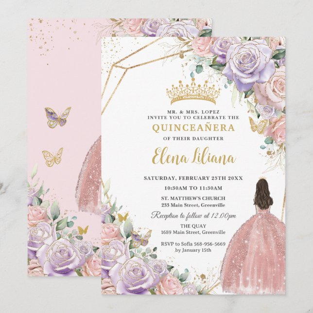 Convites Quic Lilac Rosas Florais Rosa Quinceanera Sweet 16 (Frente/Verso)