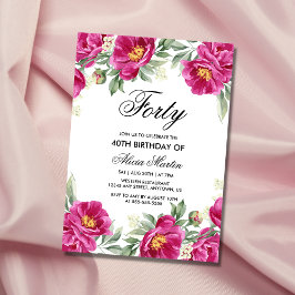Convites Quic Pink Peony Floral Greenery aniversário de 40 