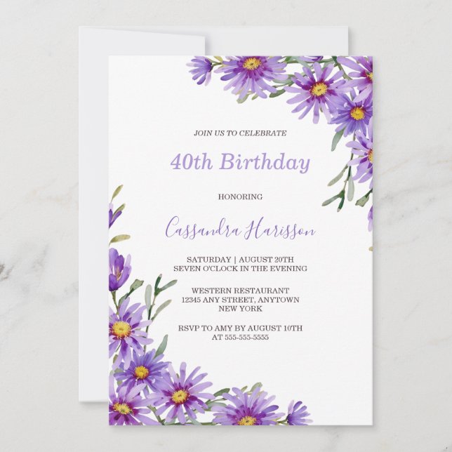 Convites Quic Purple Aster Floral Botânica Aniversário (Frente)