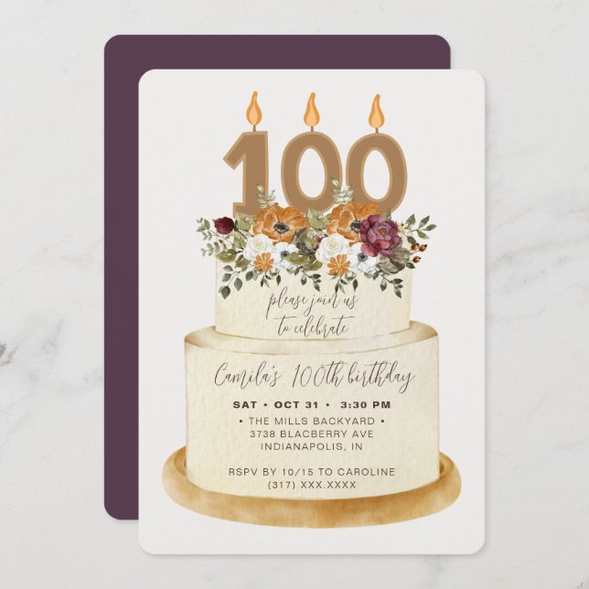 Convites Quic Purple Fall Autumn 100th Birthday Cake (Frente/Verso)