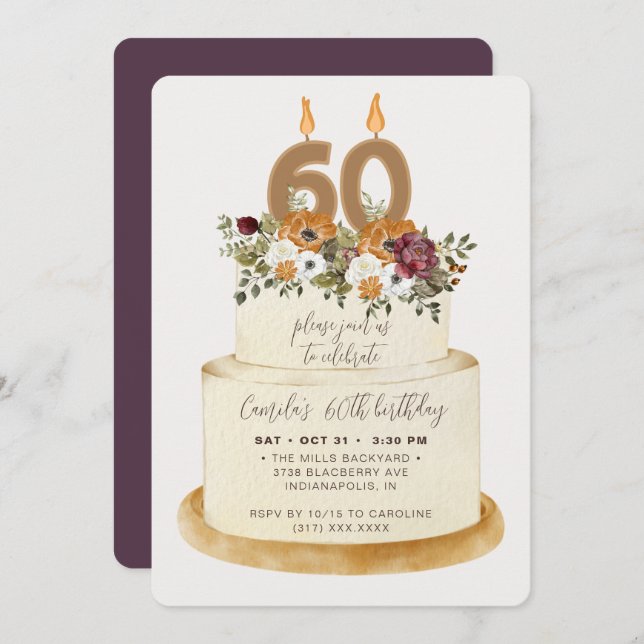 Convites Quic Purple Fall Autumn 60th Birthday Cake (Frente/Verso)