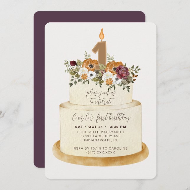 Convites Quic Purple Fall Autumn First Birday Cake (Frente/Verso)
