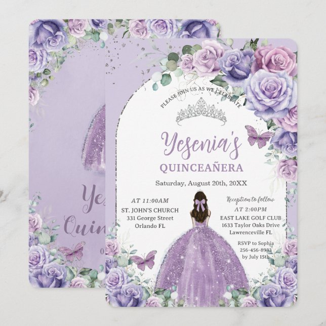 Convites Quic Purple Lilac Floral Quinceañera Arco Silver (Frente/Verso)
