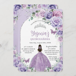 Convites Quic Purple Lilac Floral Quinceañera Arco Silver